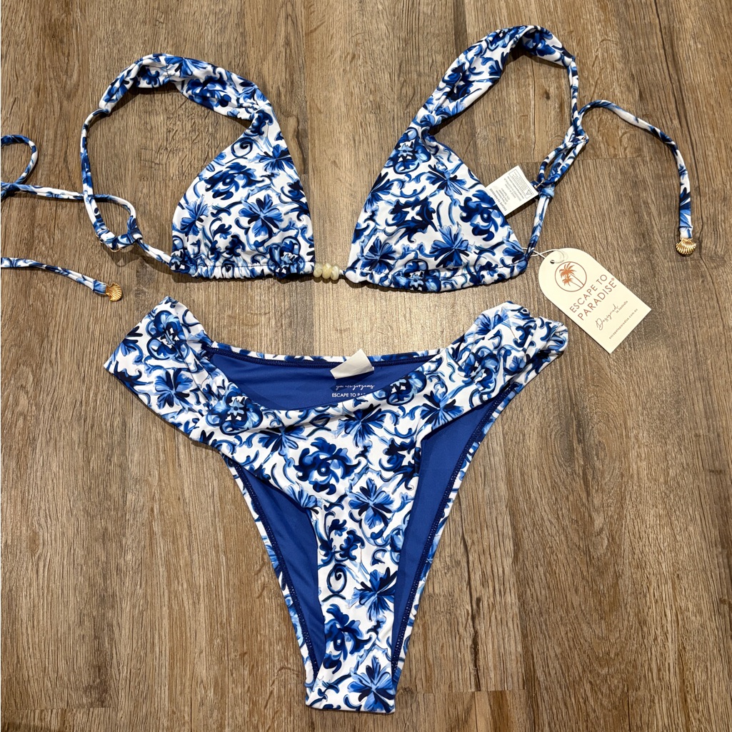 Escape To Paradise Blue And White Floral Swimwear Bikini Small